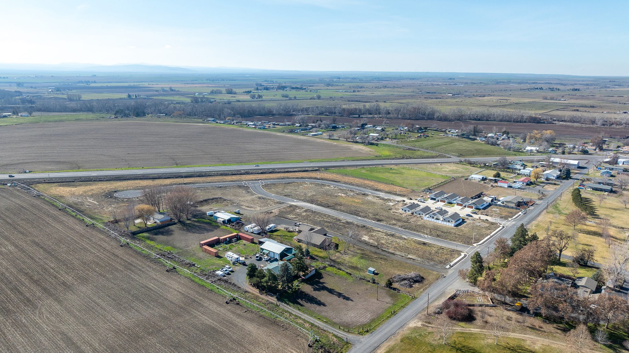 Aerial view of homes and streets at Bumble B Estates in Stanfield, Oregon