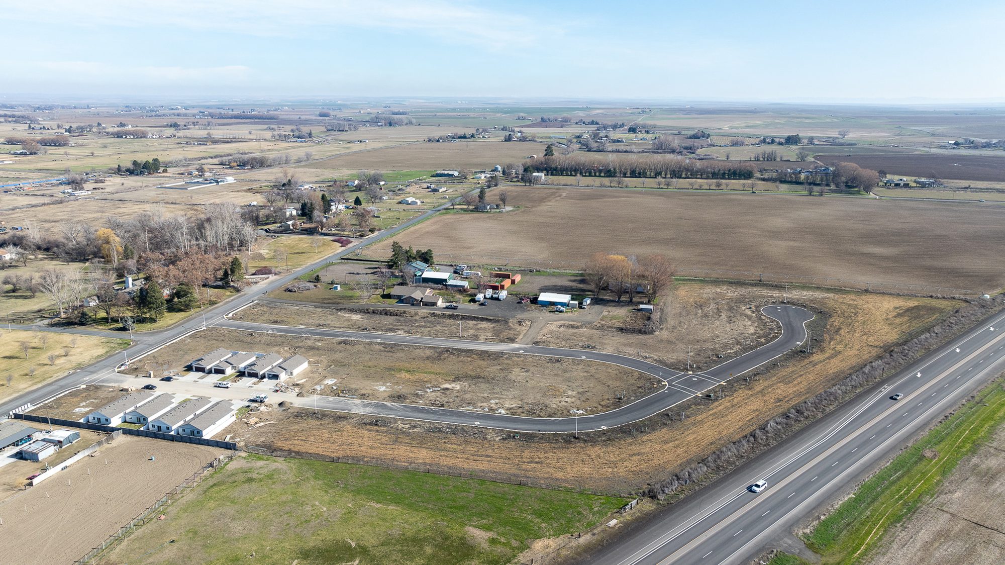 Aerial view over Bumble B Estates showing new Olin Homes construction in Stanfield, Oregon