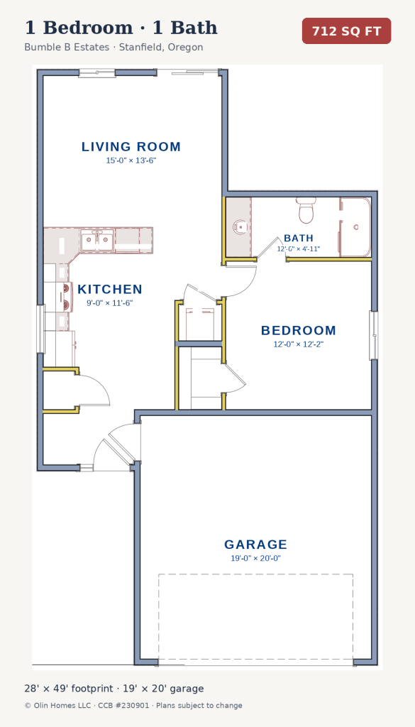 1 Bedroom 1 Bath floor plan, Bumble B Estates
