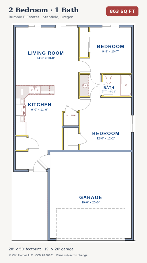 2 Bedroom 1 Bath floor plan, Bumble B Estates