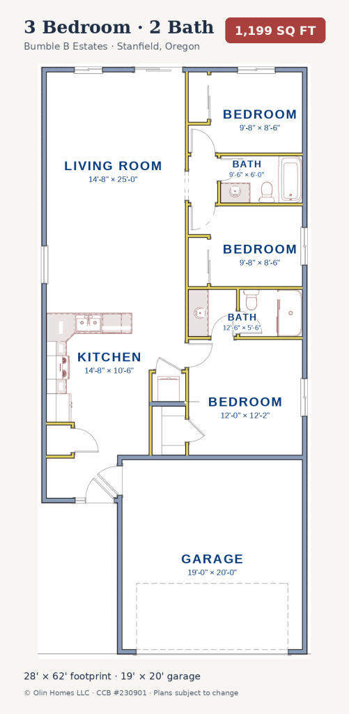 3 Bedroom 2 Bath floor plan, Bumble B Estates
