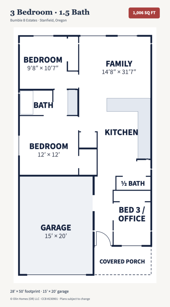 3 Bedroom 1.5 Bath floor plan (1,006 sq ft), Bumble B Estates